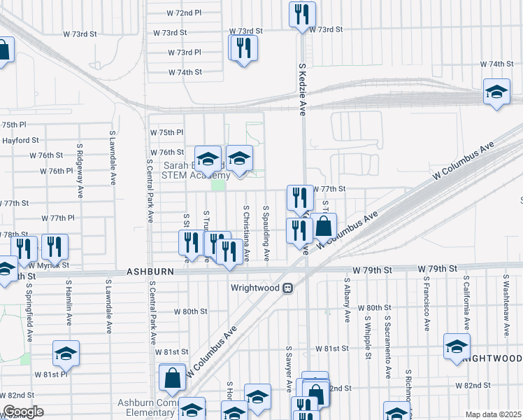 map of restaurants, bars, coffee shops, grocery stores, and more near 7728 South Spaulding Avenue in Chicago