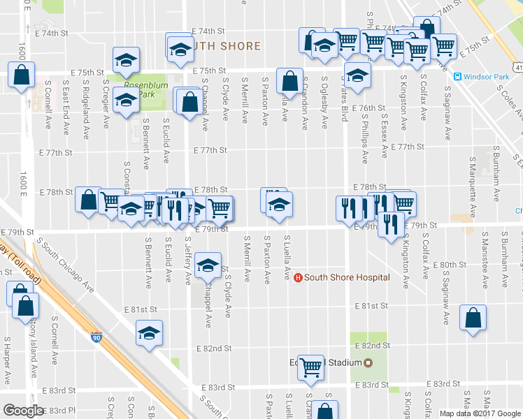 map of restaurants, bars, coffee shops, grocery stores, and more near 7832 South Paxton Avenue in Chicago