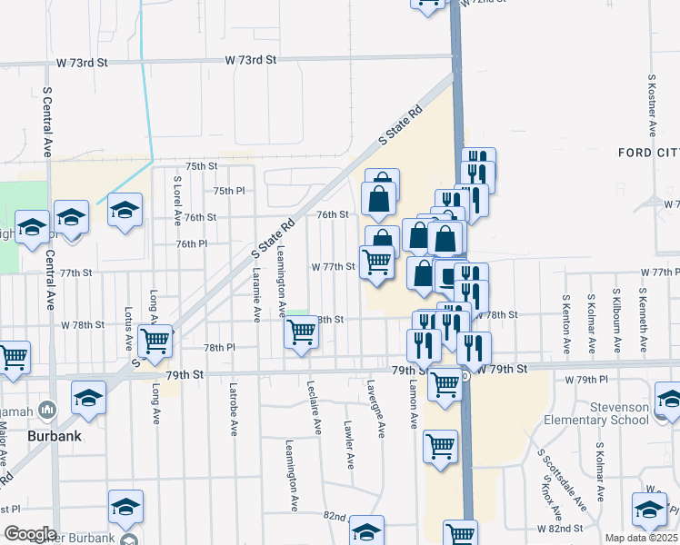 map of restaurants, bars, coffee shops, grocery stores, and more near 7703 Lawler Avenue in Burbank