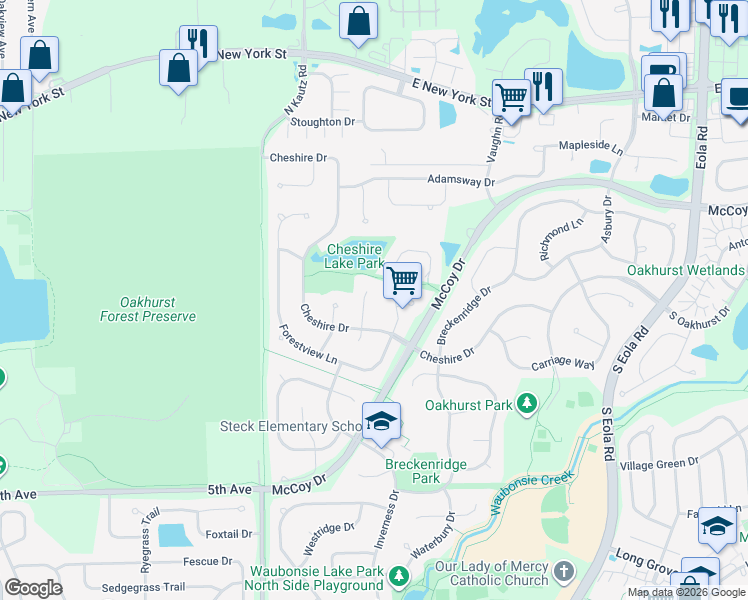 map of restaurants, bars, coffee shops, grocery stores, and more near 44 Westmoor Court in Aurora