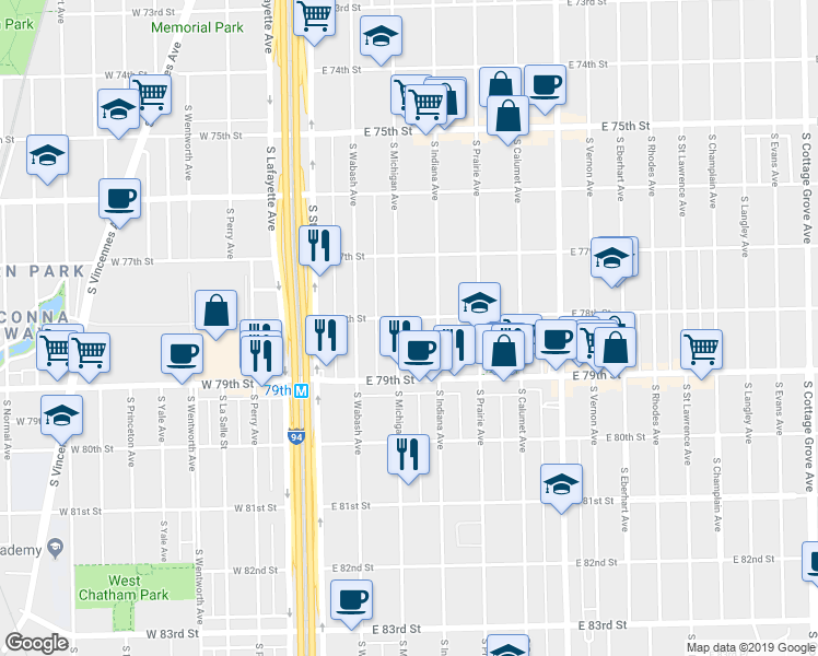 map of restaurants, bars, coffee shops, grocery stores, and more near 7809 South Michigan Avenue in Chicago