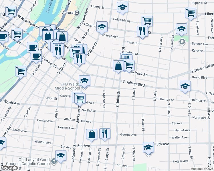 map of restaurants, bars, coffee shops, grocery stores, and more near 606 East Downer Place in Aurora