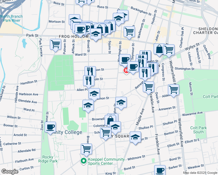 map of restaurants, bars, coffee shops, grocery stores, and more near 20 Allen Place in Hartford