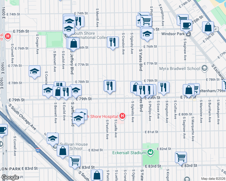 map of restaurants, bars, coffee shops, grocery stores, and more near 7822 South Luella Avenue in Chicago