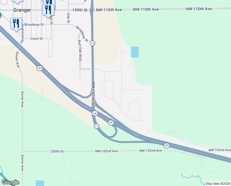 map of restaurants, bars, coffee shops, grocery stores, and more near 1607 Ironwood Drive in Granger