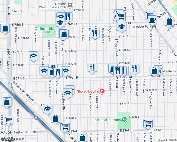 map of restaurants, bars, coffee shops, grocery stores, and more near 7832 South Paxton Avenue in Chicago