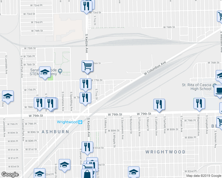 map of restaurants, bars, coffee shops, grocery stores, and more near 7730 South Whipple Street in Chicago