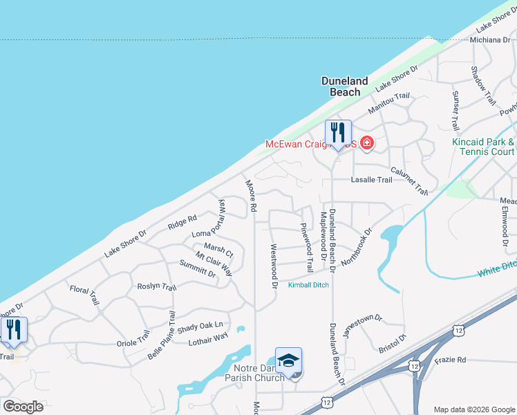 map of restaurants, bars, coffee shops, grocery stores, and more near 3017 Moore Road in Michigan City