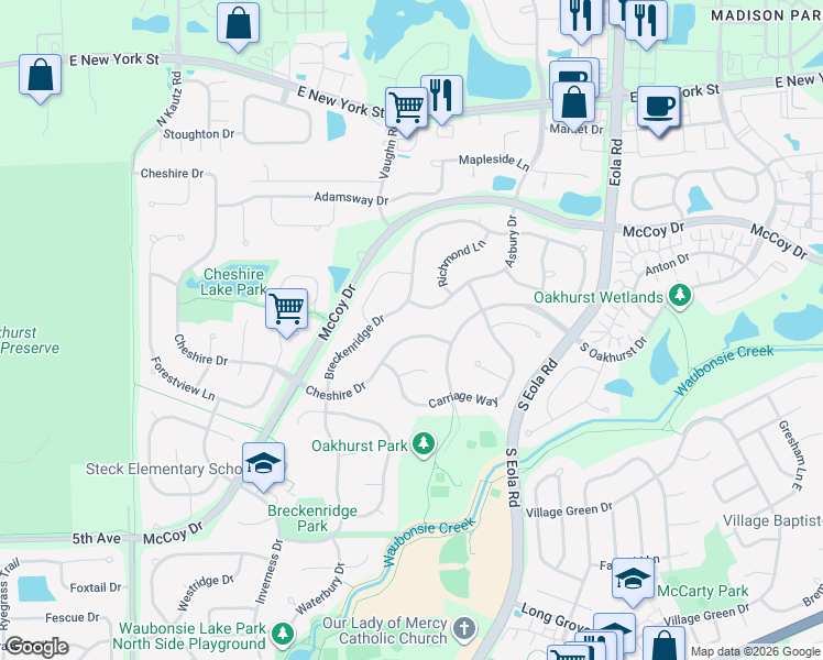 map of restaurants, bars, coffee shops, grocery stores, and more near 2630 Cheshire Drive in Aurora