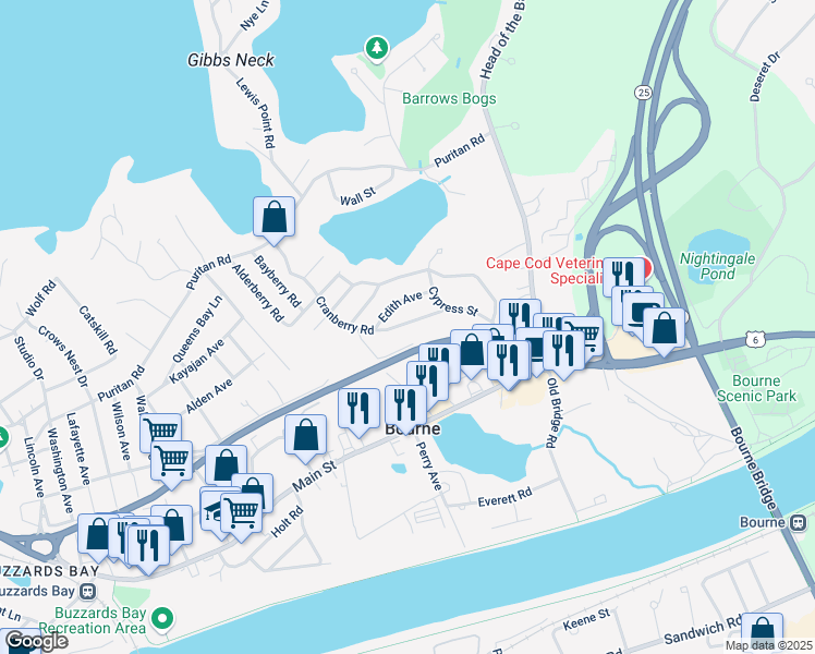 map of restaurants, bars, coffee shops, grocery stores, and more near 44 Cranberry Road in Bourne