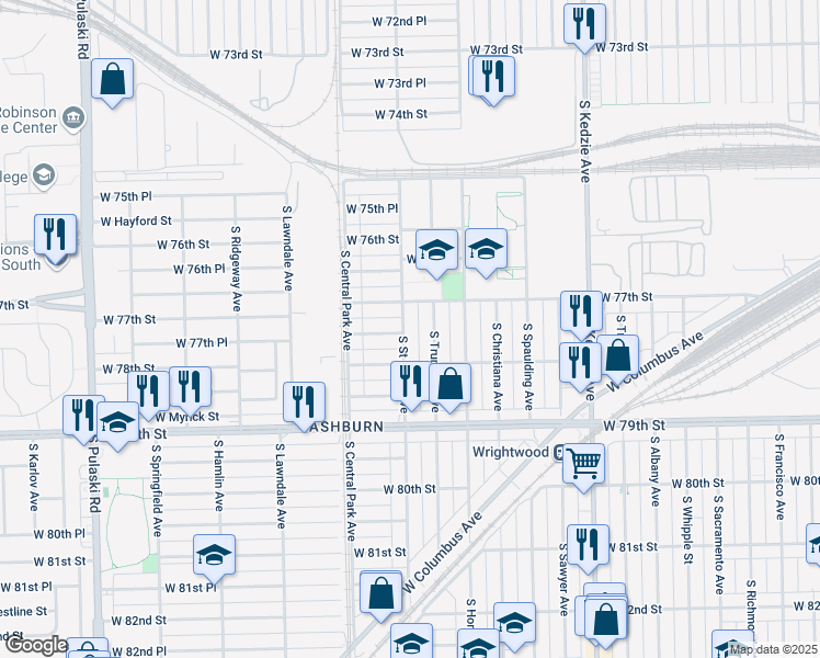map of restaurants, bars, coffee shops, grocery stores, and more near 7725 South Saint Louis Avenue in Chicago