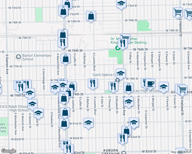 map of restaurants, bars, coffee shops, grocery stores, and more near 7557 South Loomis Boulevard in Chicago