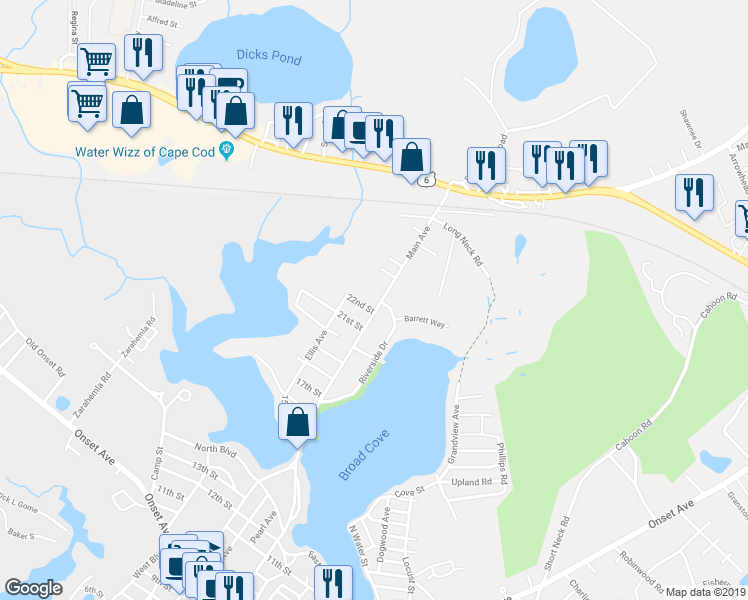 map of restaurants, bars, coffee shops, grocery stores, and more near 31 Main Avenue in Wareham