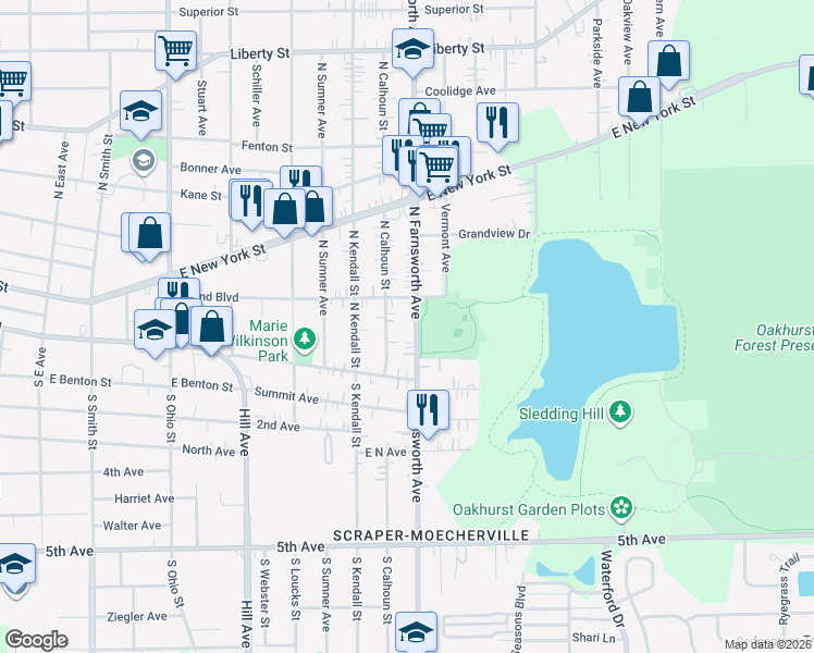 map of restaurants, bars, coffee shops, grocery stores, and more near 42 North Farnsworth Avenue in Aurora
