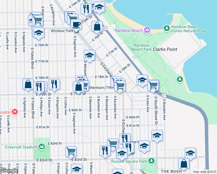 map of restaurants, bars, coffee shops, grocery stores, and more near 7837 South Muskegon Avenue in Chicago