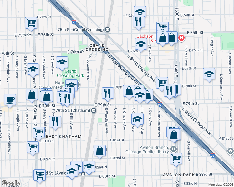 map of restaurants, bars, coffee shops, grocery stores, and more near 7821 South Avalon Avenue in Chicago