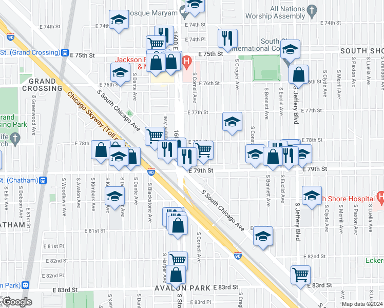 map of restaurants, bars, coffee shops, grocery stores, and more near 7824 South Cornell Avenue in Chicago