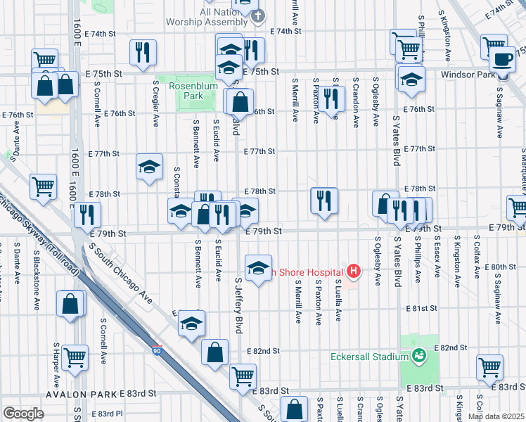 map of restaurants, bars, coffee shops, grocery stores, and more near 7829 South Chappel Avenue in Chicago