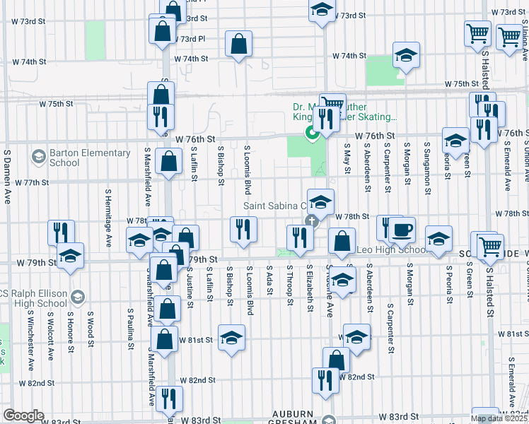 map of restaurants, bars, coffee shops, grocery stores, and more near 1360 West 78th Street in Chicago