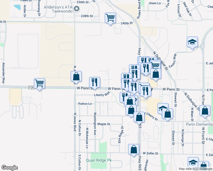 map of restaurants, bars, coffee shops, grocery stores, and more near 625 Liberty Way in North Liberty
