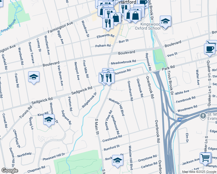 map of restaurants, bars, coffee shops, grocery stores, and more near 139 South Main Street in West Hartford