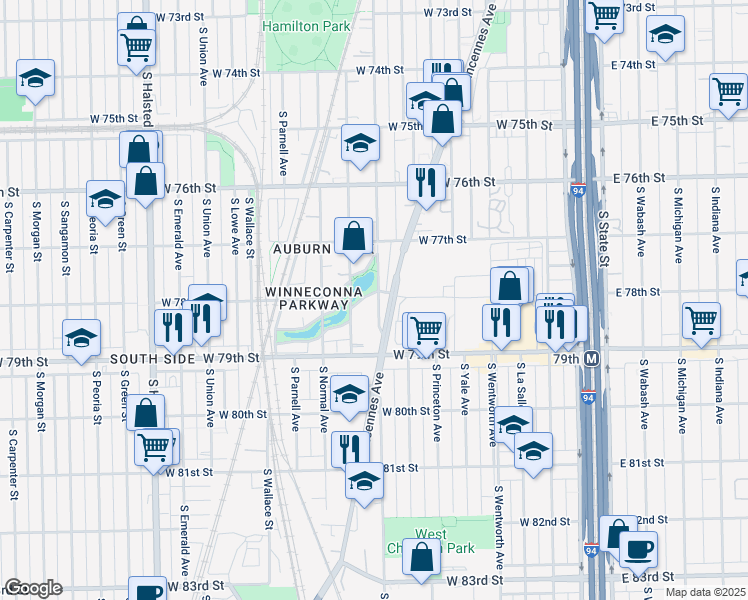 map of restaurants, bars, coffee shops, grocery stores, and more near 401 West Winneconna Parkway in Chicago