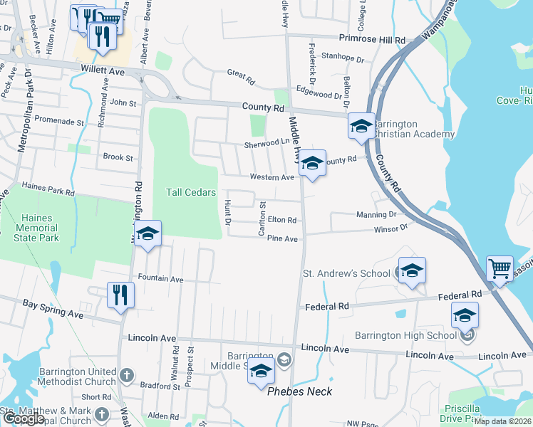map of restaurants, bars, coffee shops, grocery stores, and more near 11 Elton Road in Barrington