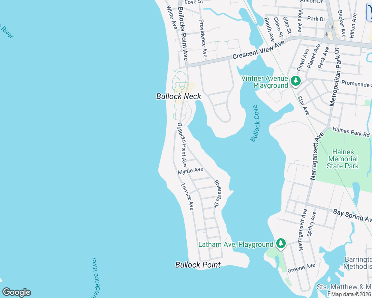 map of restaurants, bars, coffee shops, grocery stores, and more near 34 Riverside Drive in East Providence