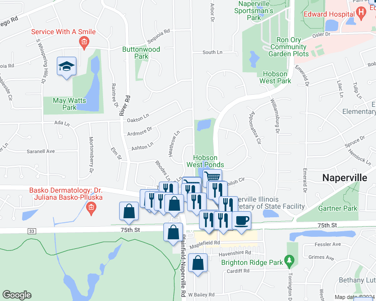 map of restaurants, bars, coffee shops, grocery stores, and more near 1110 Tennyson Lane in Naperville