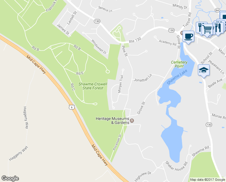 map of restaurants, bars, coffee shops, grocery stores, and more near 3 Faunce Mountain Road in Sandwich