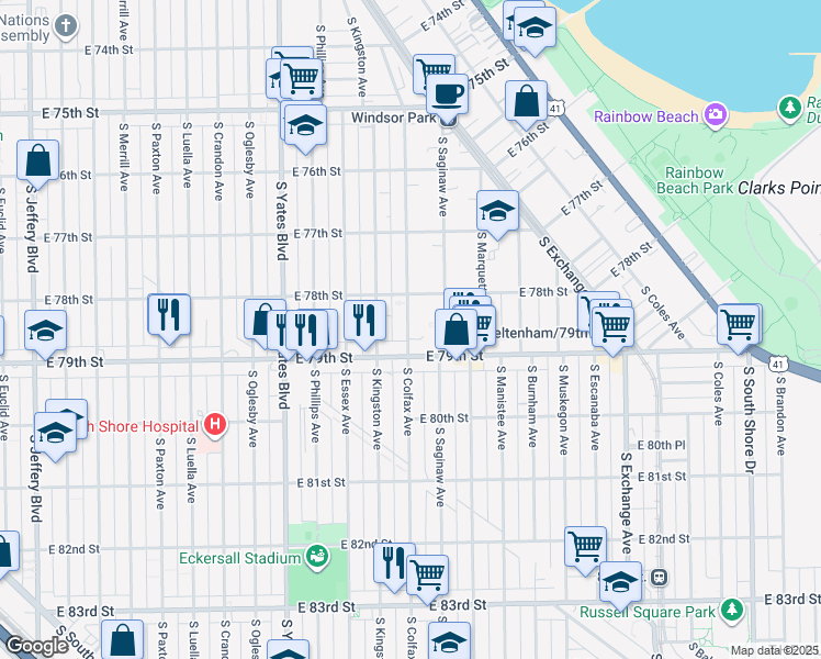 map of restaurants, bars, coffee shops, grocery stores, and more near 7833 South Colfax Avenue in Chicago