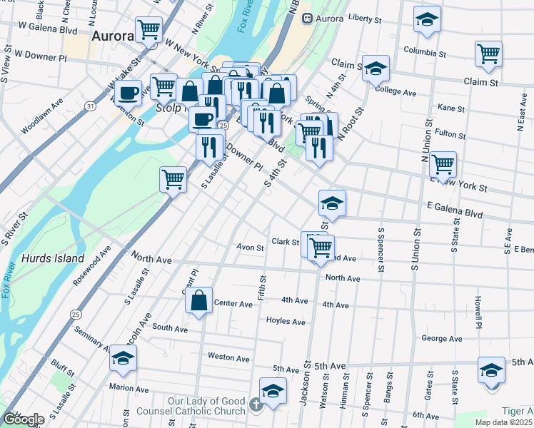 map of restaurants, bars, coffee shops, grocery stores, and more near 427 East Benton Street in Aurora