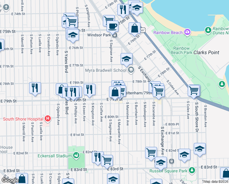 map of restaurants, bars, coffee shops, grocery stores, and more near 7835 South Saginaw Avenue in Chicago