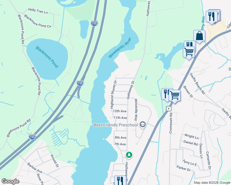 map of restaurants, bars, coffee shops, grocery stores, and more near 18 15th Avenue in Wareham