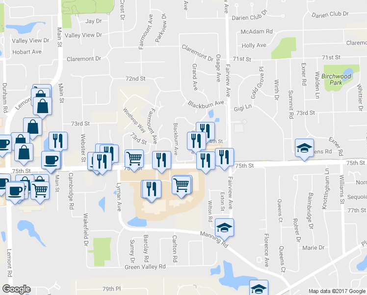 map of restaurants, bars, coffee shops, grocery stores, and more near 550 75th Street in Downers Grove