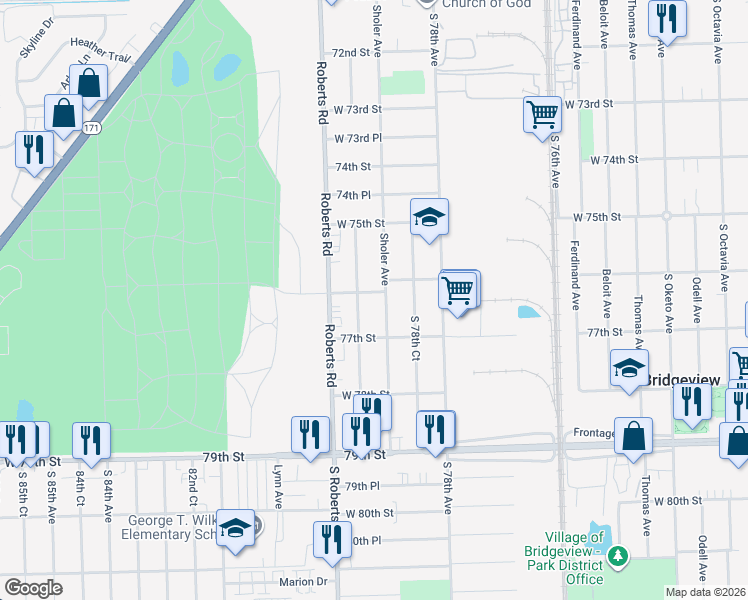 map of restaurants, bars, coffee shops, grocery stores, and more near 7905 West 76th Street in Bridgeview