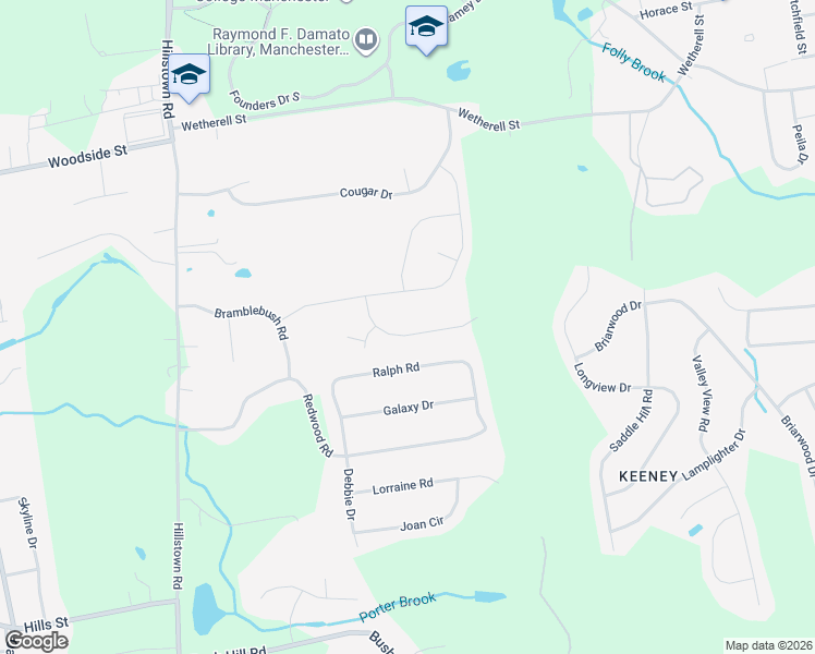 map of restaurants, bars, coffee shops, grocery stores, and more near 55 Round Hill Road in Manchester