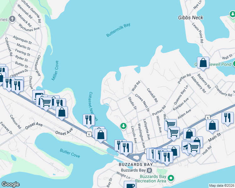 map of restaurants, bars, coffee shops, grocery stores, and more near 25 Studio Drive in Bourne