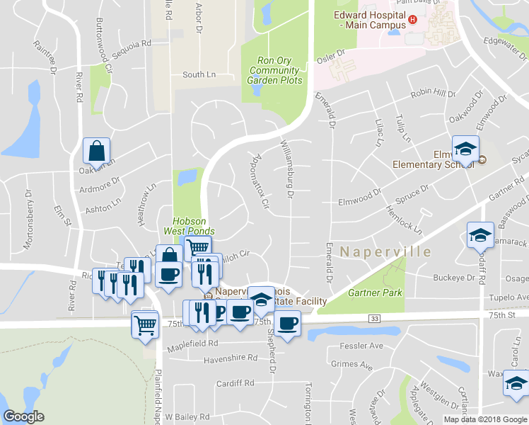 map of restaurants, bars, coffee shops, grocery stores, and more near 925 Appomattox Circle in Naperville