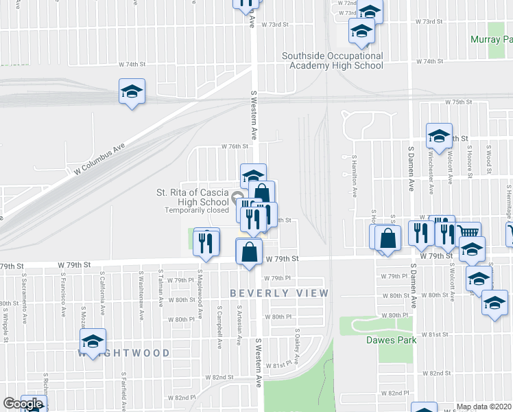 map of restaurants, bars, coffee shops, grocery stores, and more near 7740 South Western Avenue in Chicago
