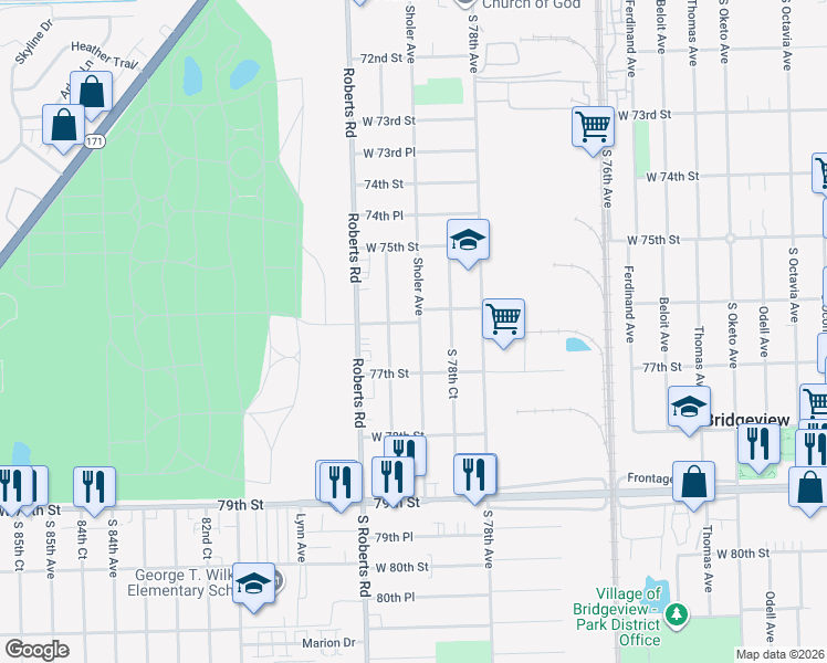 map of restaurants, bars, coffee shops, grocery stores, and more near 7905 West 76th Street in Bridgeview