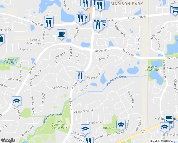 map of restaurants, bars, coffee shops, grocery stores, and more near 121 Cammeron Court in Aurora