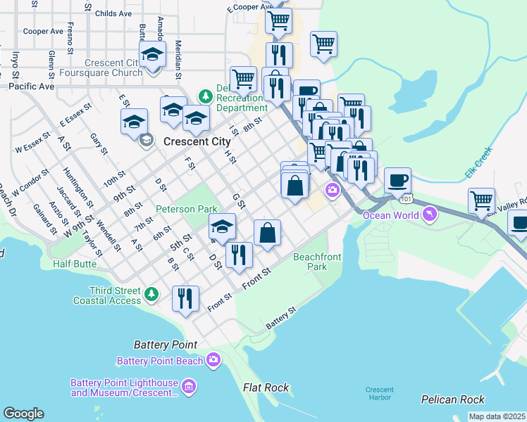 map of restaurants, bars, coffee shops, grocery stores, and more near 356 H Street in Crescent City