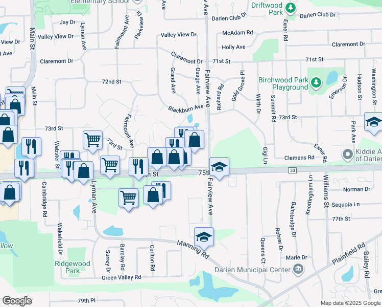 map of restaurants, bars, coffee shops, grocery stores, and more near 414 75th Street in Downers Grove