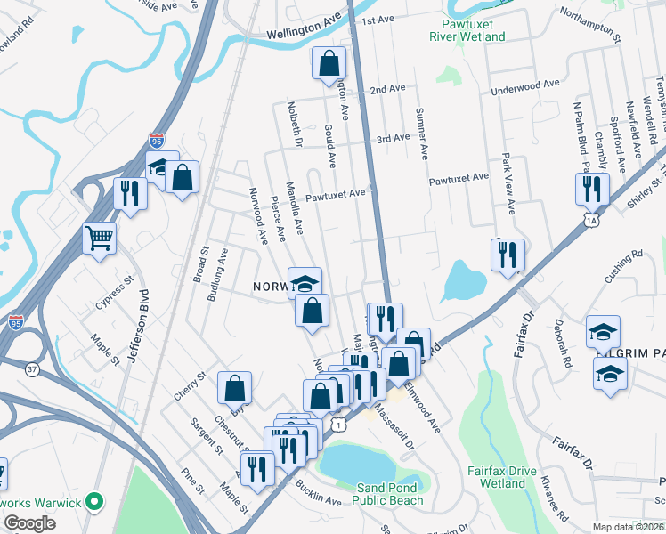 map of restaurants, bars, coffee shops, grocery stores, and more near 94 Welfare Avenue in Warwick