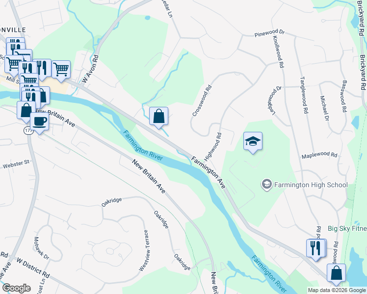 map of restaurants, bars, coffee shops, grocery stores, and more near 1634 Farmington Avenue in Farmington