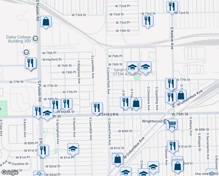 map of restaurants, bars, coffee shops, grocery stores, and more near 3552 West 77th Place in Chicago