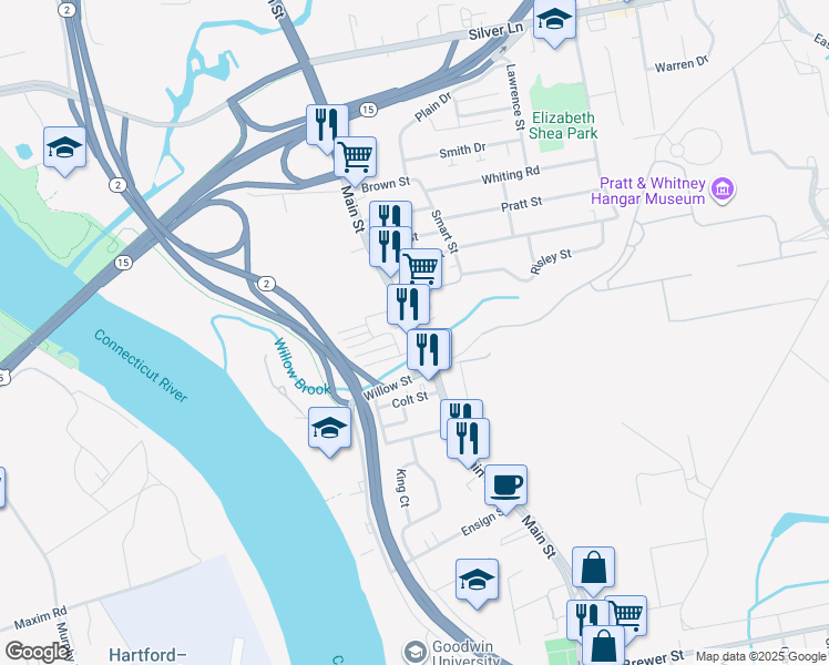 map of restaurants, bars, coffee shops, grocery stores, and more near 435 Main Street in East Hartford