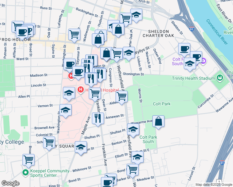 map of restaurants, bars, coffee shops, grocery stores, and more near 19 Morris Street in Hartford