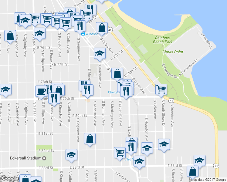 map of restaurants, bars, coffee shops, grocery stores, and more near 7837 South Muskegon Avenue in Chicago
